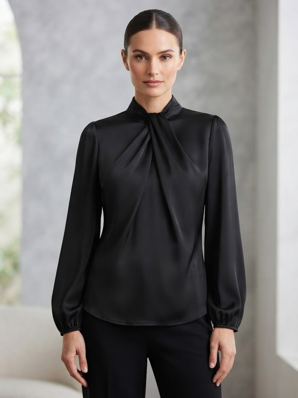 GRACE Karin Black Satin High Neck Blouse